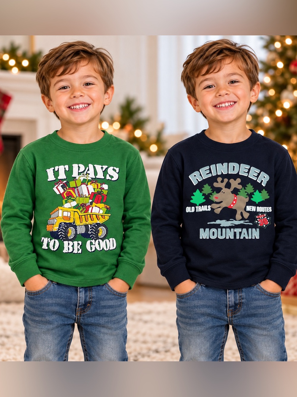 Set of 2 Woodland Christmas Long Sleeve Shirts – Size 5 – Reindeer & Gift Truck